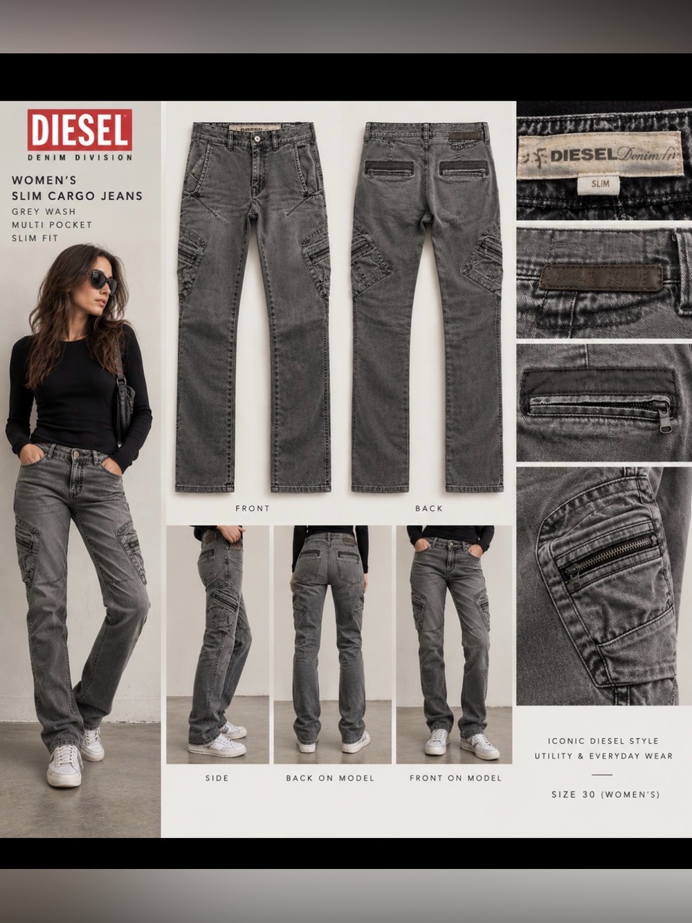 Diesel Women’s Grey Slim Cargo Jeans Size 30 – Multi Pocket Utility Y2K Style